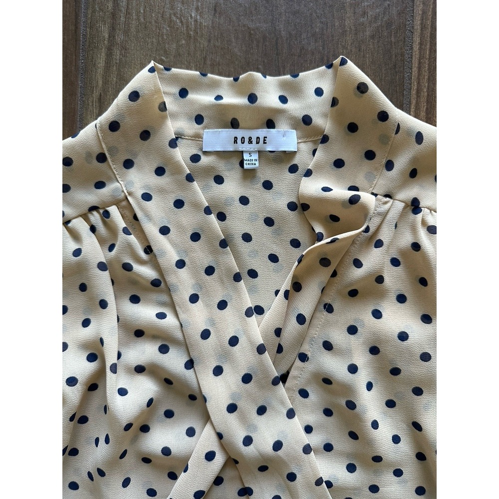RO&DE Womens Polka Dot‎ Tie Neck Blouse Cream Navy Long Sleeve Chiffon Top S